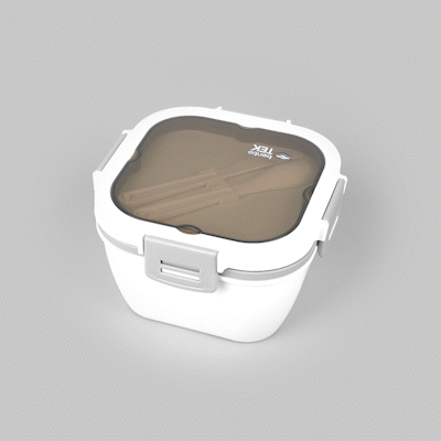 Bento Tek 58 oz White and Gray Lunch Box - BPA-Free, Microwave-Safe, with Fork and Knife - 7 1/4" x 7 1/4" x 4 1/4" - 1 count box