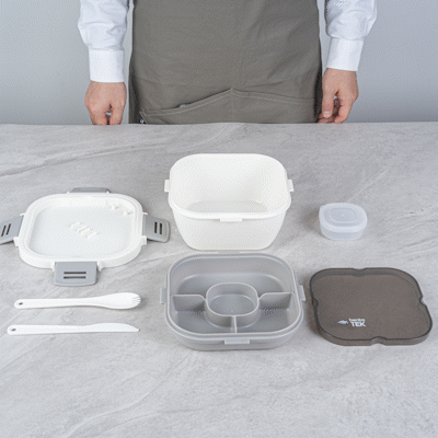 Bento Tek 58 oz White and Gray Lunch Box - BPA-Free, Microwave-Safe, with Fork and Knife - 7 1/4" x 7 1/4" x 4 1/4" - 1 count box