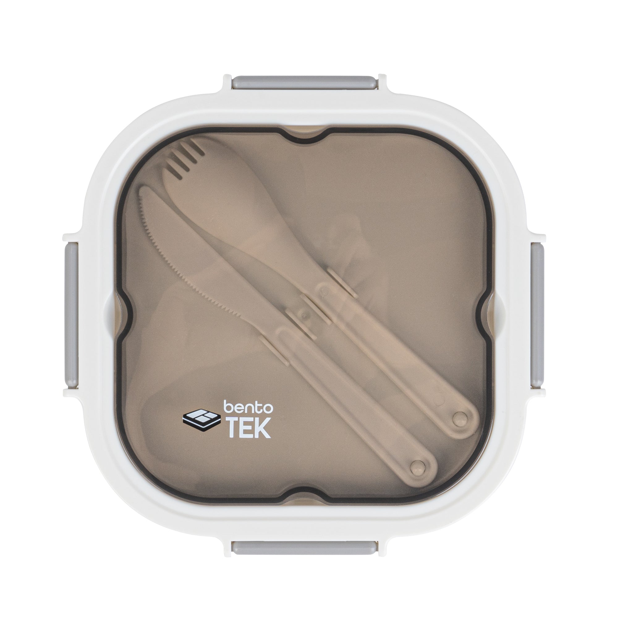 Bento Tek 58 oz White and Gray Lunch Box - BPA-Free, Microwave-Safe, with Fork and Knife - 7 1/4" x 7 1/4" x 4 1/4" - 1 count box