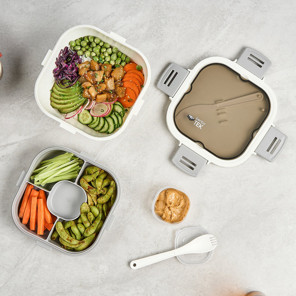 Bento Tek 58 oz White and Gray Lunch Box - BPA-Free, Microwave-Safe, with Fork and Knife - 7 1/4" x 7 1/4" x 4 1/4" - 1 count box