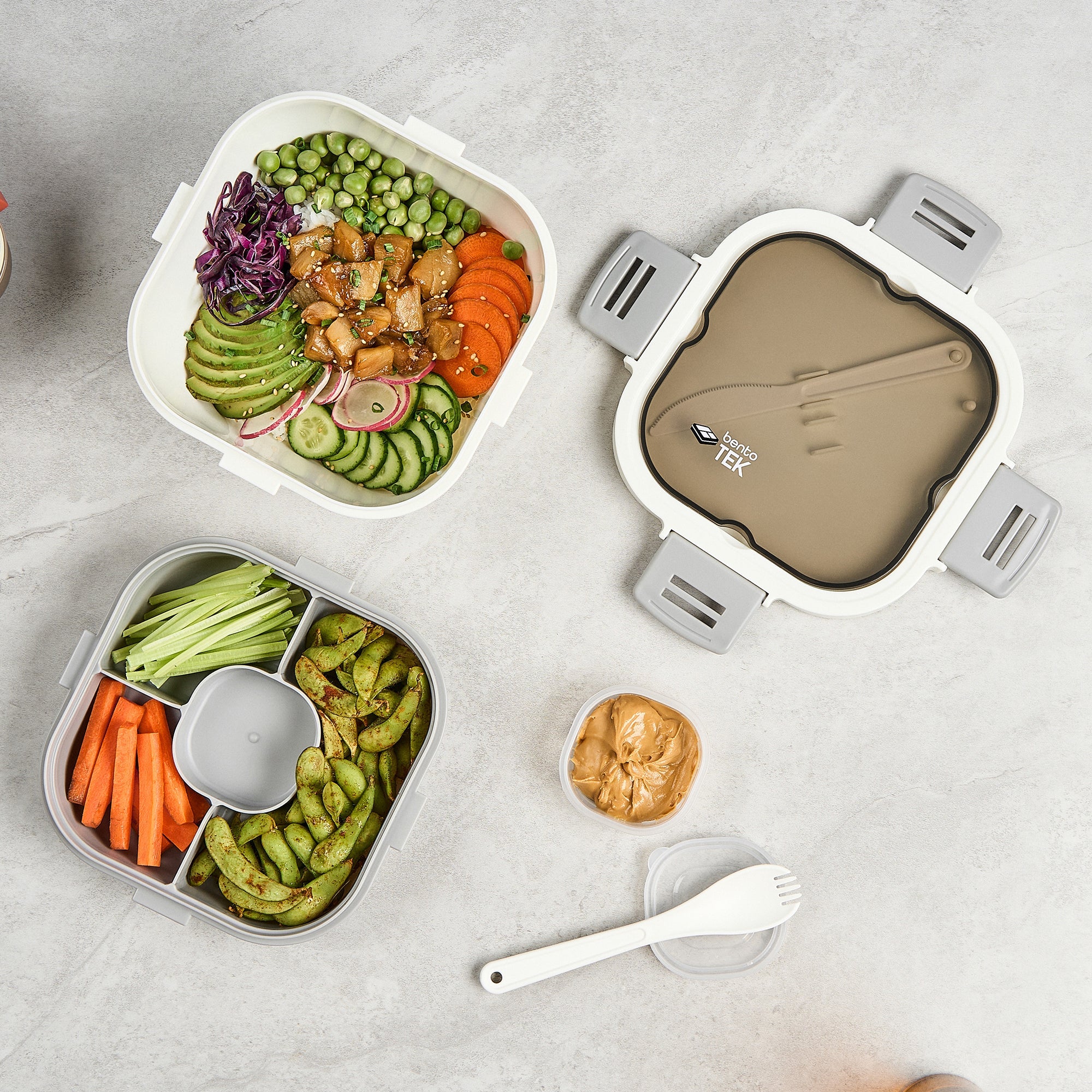 Bento Tek 58 oz White and Gray Lunch Box - BPA-Free, Microwave-Safe, with Fork and Knife - 7 1/4" x 7 1/4" x 4 1/4" - 1 count box