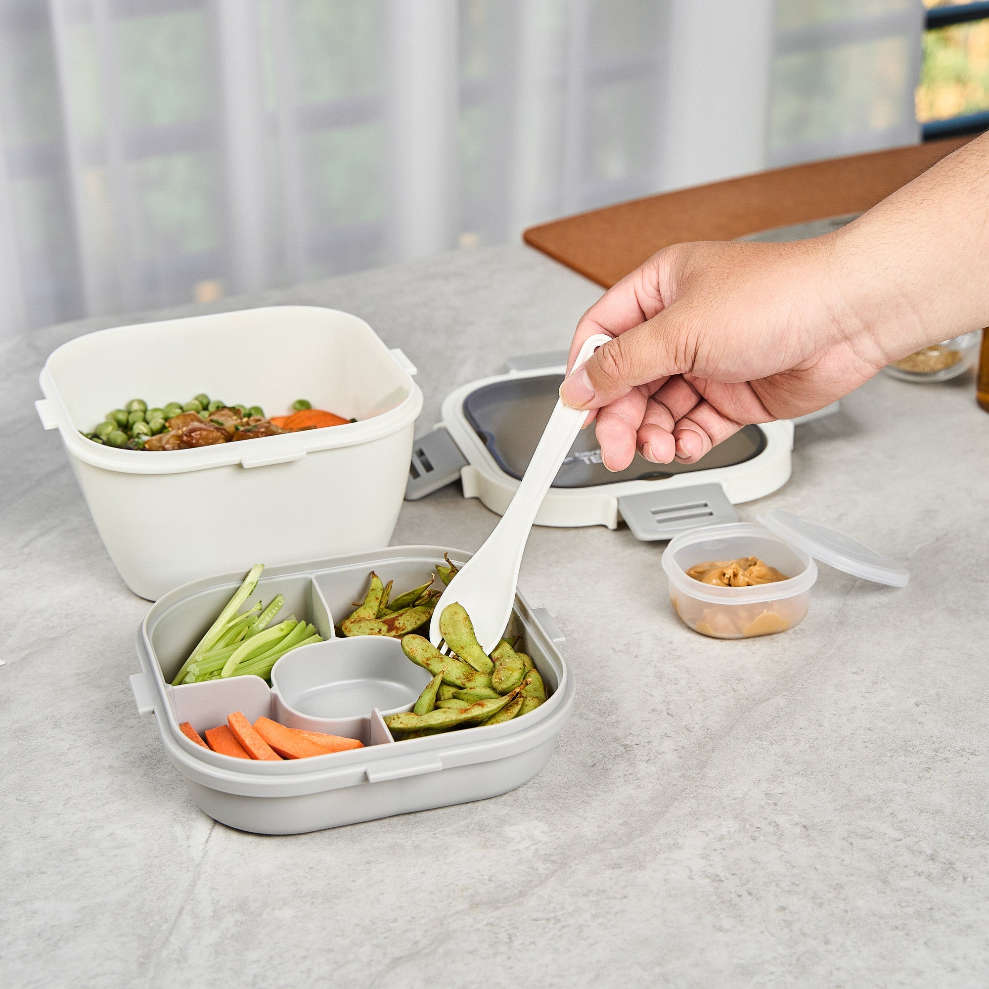 Bento Tek 58 oz White and Gray Lunch Box - BPA-Free, Microwave-Safe, with Fork and Knife - 7 1/4" x 7 1/4" x 4 1/4" - 1 count box