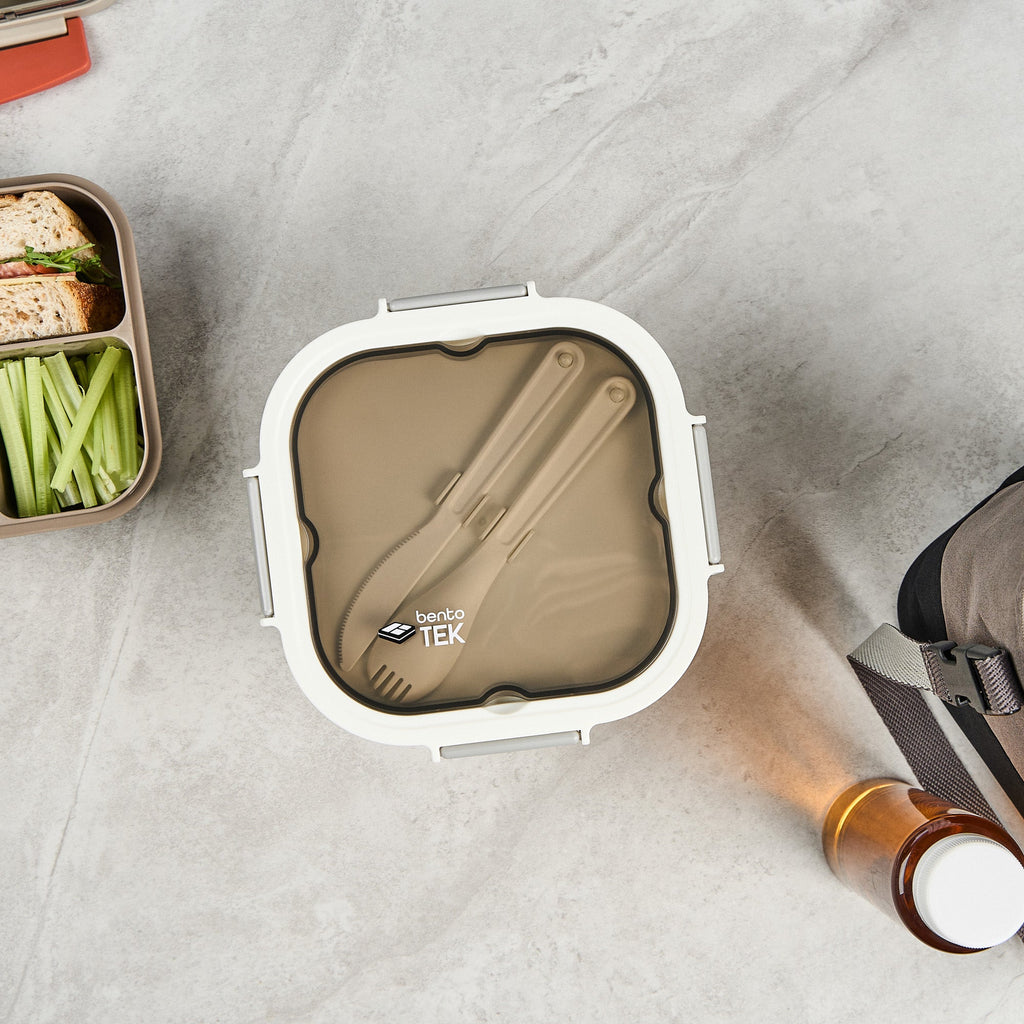 Bento Tek 58 oz White and Gray Lunch Box - BPA-Free, Microwave-Safe, with Fork and Knife - 7 1/4" x 7 1/4" x 4 1/4" - 1 count box