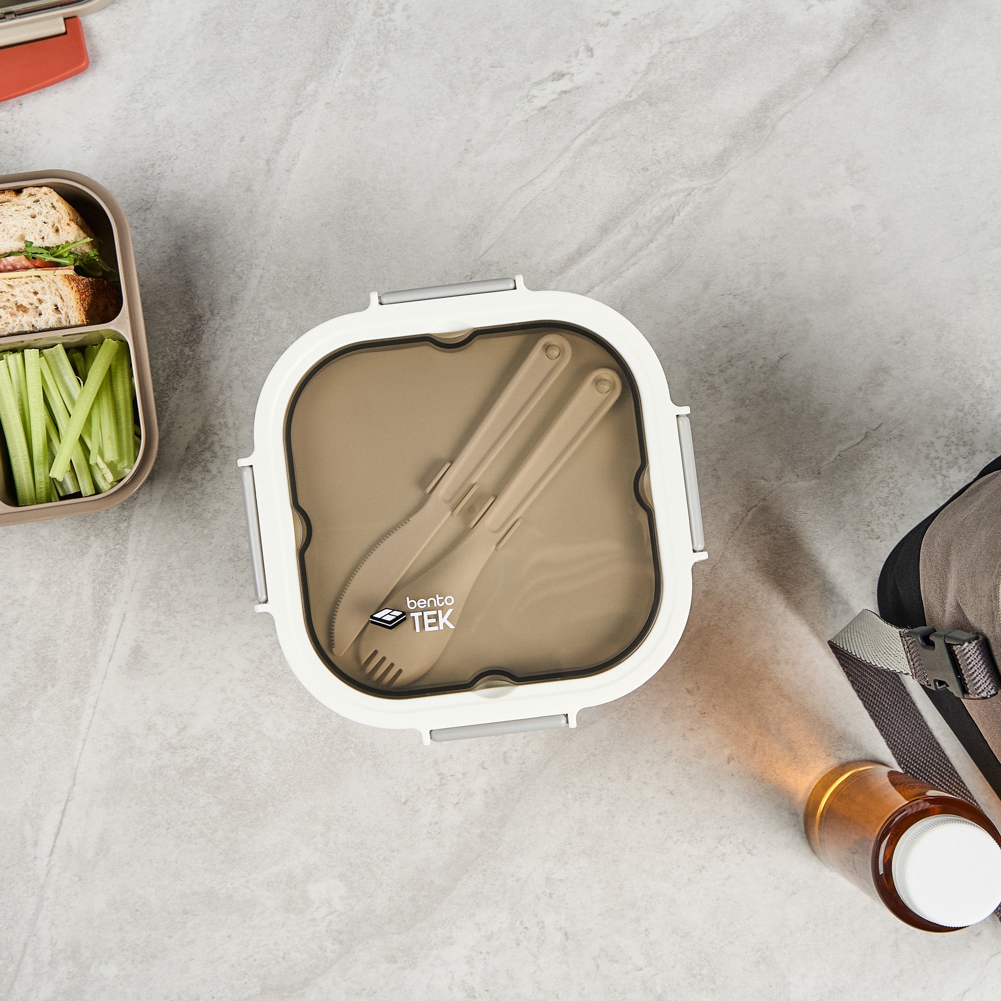 Bento Tek 58 oz White and Gray Lunch Box - BPA-Free, Microwave-Safe, with Fork and Knife - 7 1/4" x 7 1/4" x 4 1/4" - 1 count box