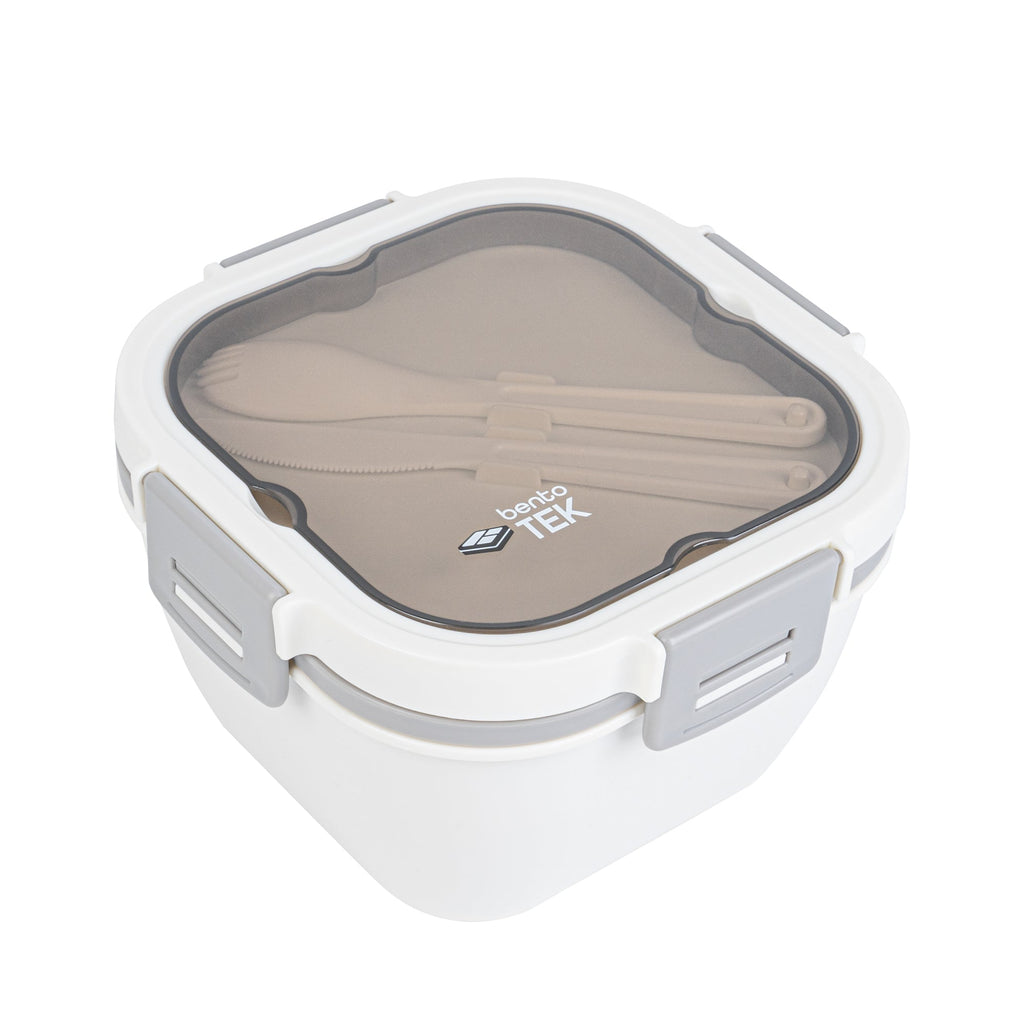 Bento Tek 58 oz White and Gray Lunch Box - BPA-Free, Microwave-Safe, with Fork and Knife - 7 1/4" x 7 1/4" x 4 1/4" - 10 count box