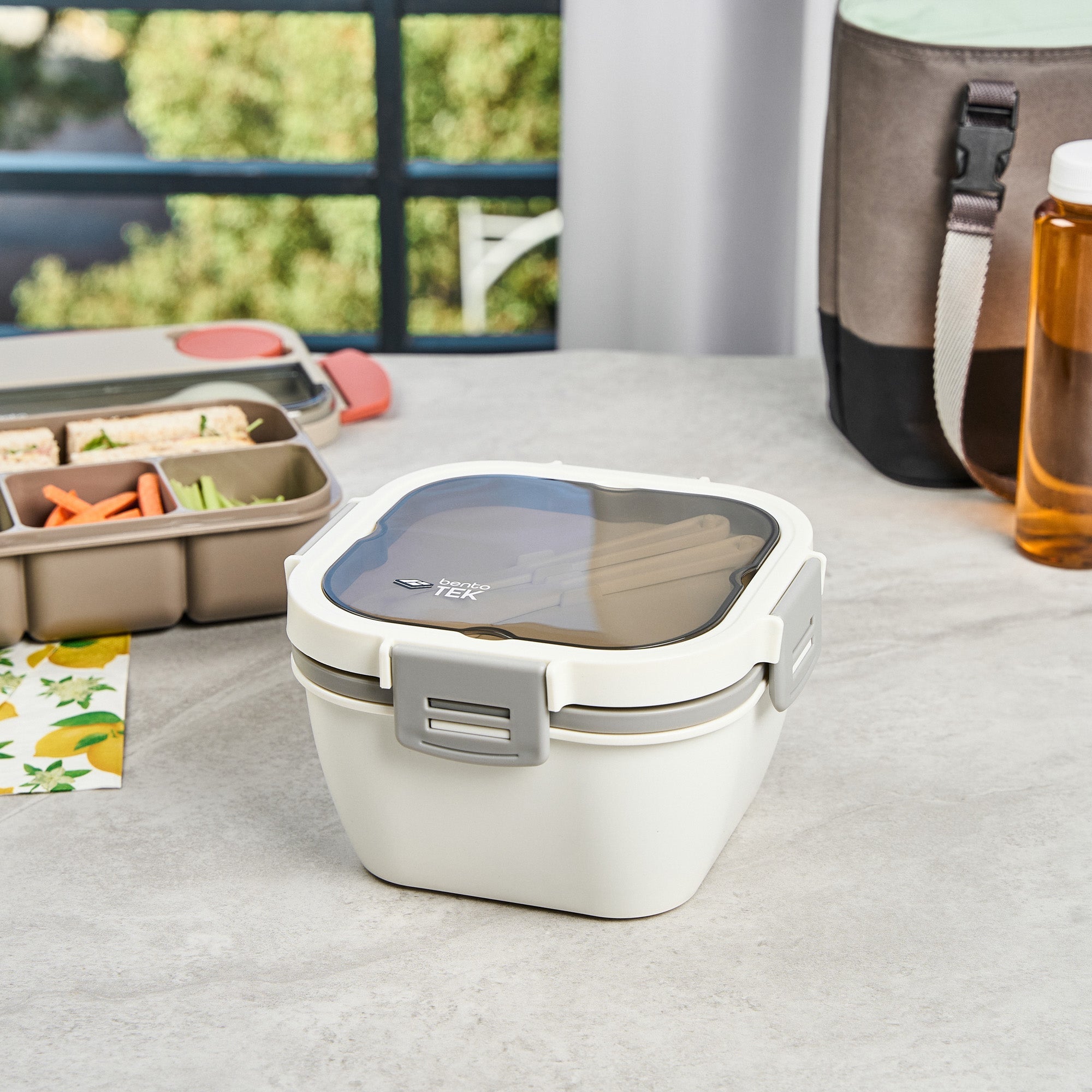 Bento Tek 58 oz White and Gray Lunch Box - BPA-Free, Microwave-Safe, with Fork and Knife - 7 1/4" x 7 1/4" x 4 1/4" - 10 count box