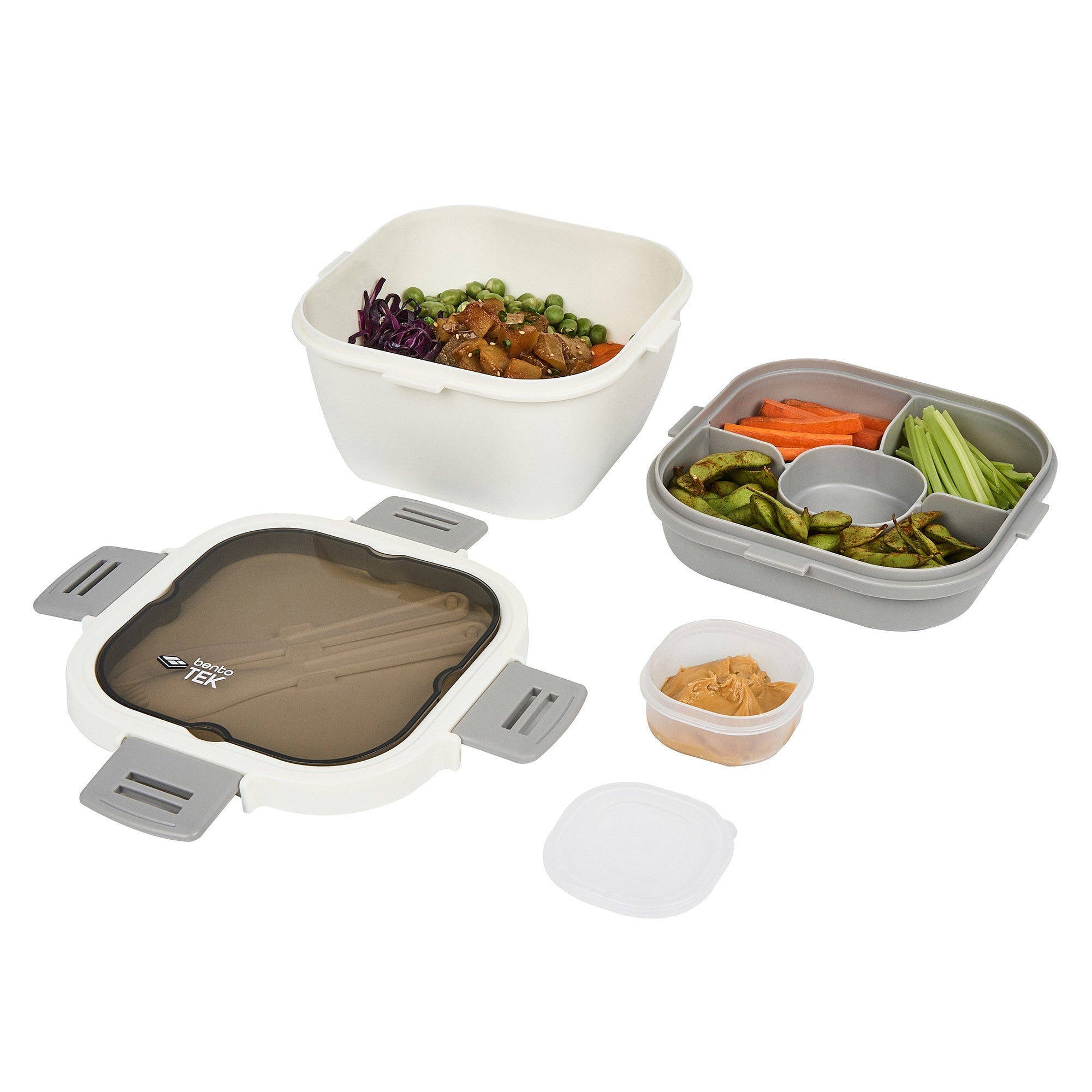 Bento Tek 58 oz White and Gray Lunch Box - BPA-Free, Microwave-Safe, with Fork and Knife - 7 1/4" x 7 1/4" x 4 1/4" - 10 count box