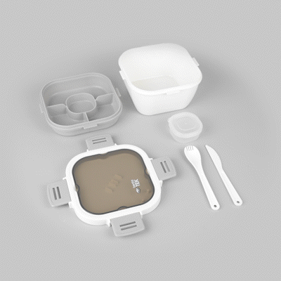 Bento Tek 58 oz White and Gray Lunch Box - BPA-Free, Microwave-Safe, with Fork and Knife - 7 1/4" x 7 1/4" x 4 1/4" - 10 count box
