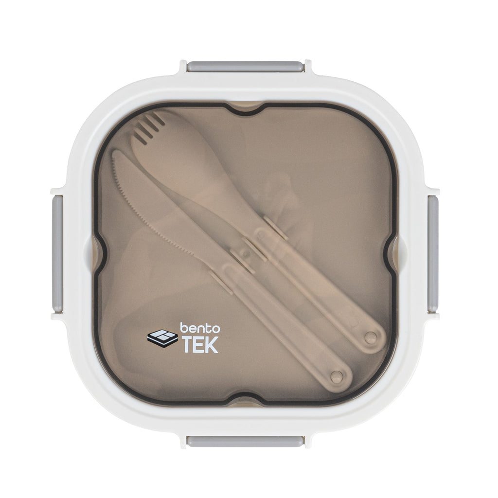 Bento Tek 58 oz White and Gray Lunch Box - BPA-Free, Microwave-Safe, with Fork and Knife - 7 1/4" x 7 1/4" x 4 1/4" - 10 count box