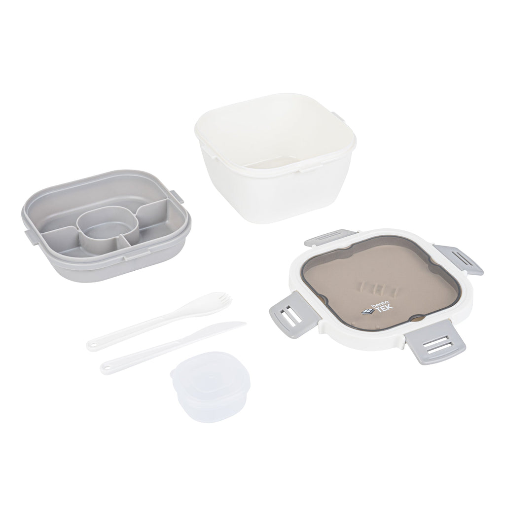 Bento Tek 58 oz White and Gray Lunch Box - BPA-Free, Microwave-Safe, with Fork and Knife - 7 1/4" x 7 1/4" x 4 1/4" - 10 count box
