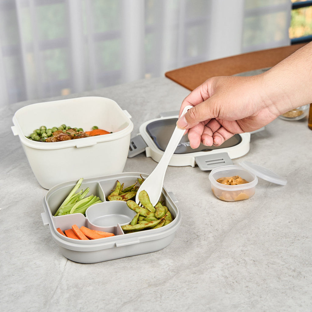 Bento Tek 58 oz White and Gray Lunch Box - BPA-Free, Microwave-Safe, with Fork and Knife - 7 1/4" x 7 1/4" x 4 1/4" - 10 count box