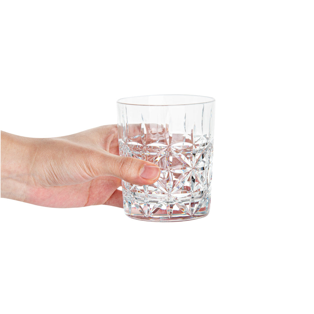 Bev Tek 10 oz Polycarbonate Old Fashioned Glass - Cut Crystal Design - 3 1/4" x 3 1/4" x 3 3/4" - 48 count box
