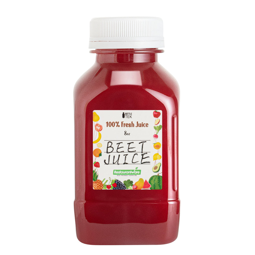 Bottle Tek 10 Square Clear 8 oz Plastic Juice Bottles with Safety Caps - Includes 10 Labels, 1 Funnel and 1 Cleaning Brush