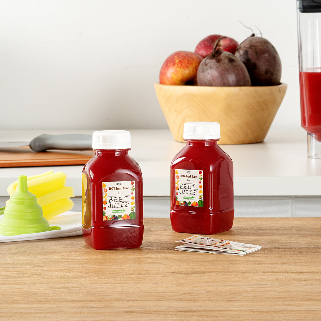 Bottle Tek 10 Square Clear 8 oz Plastic Juice Bottles with Safety Caps - Includes 10 Labels, 1 Funnel and 1 Cleaning Brush