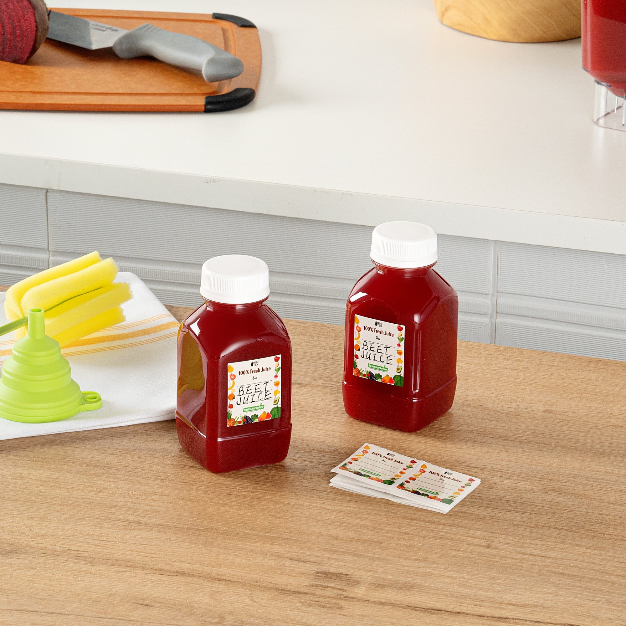 Bottle Tek 10 Square Clear 8 oz Plastic Juice Bottles with Safety Caps - Includes 10 Labels, 1 Funnel and 1 Cleaning Brush