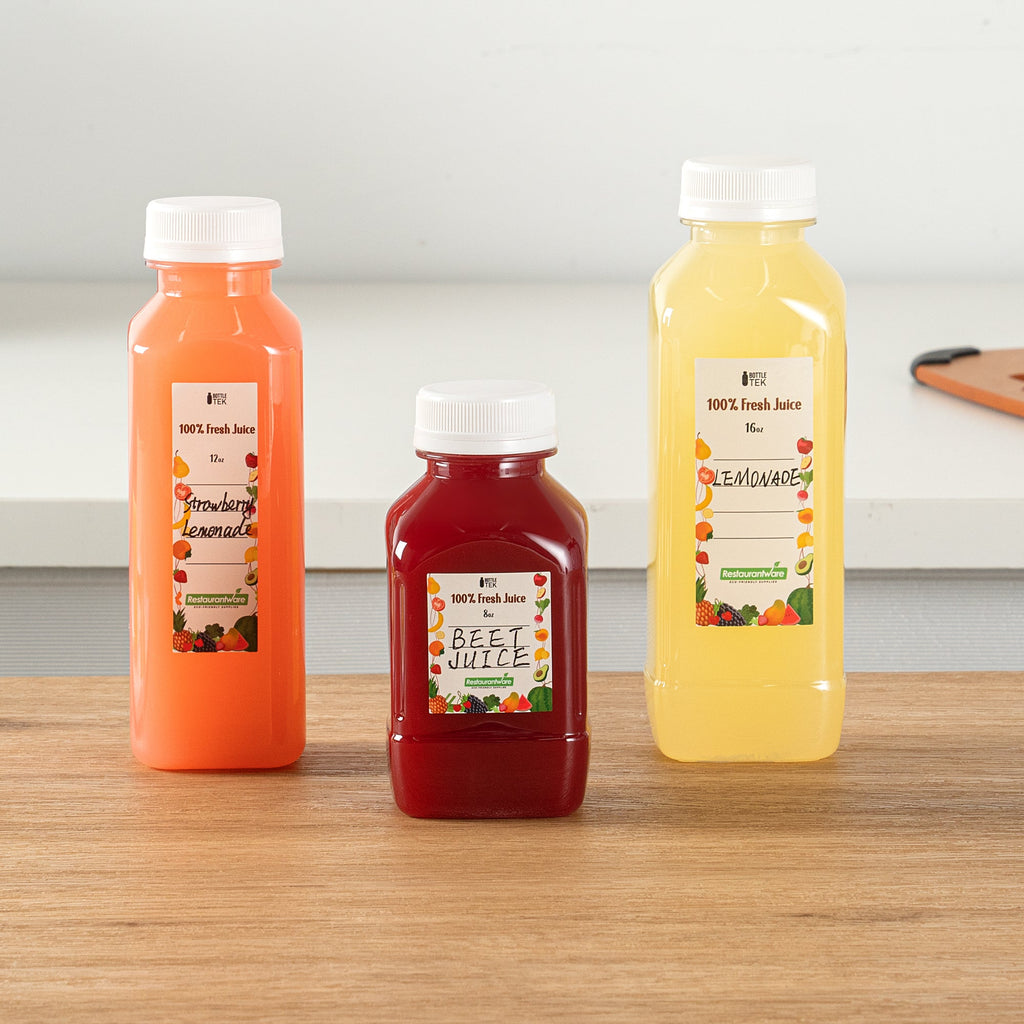 Bottle Tek 10 Square Clear 8 oz Plastic Juice Bottles with Safety Caps - Includes 10 Labels, 1 Funnel and 1 Cleaning Brush