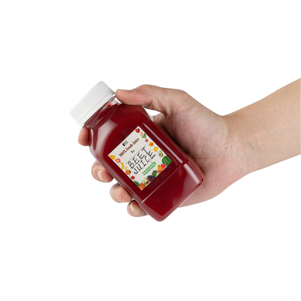 Bottle Tek 100 Square Clear 8 oz Plastic Juice Bottles with Safety Caps - Includes 100 Labels, 10 Funnels and 10 Cleaning Brushes