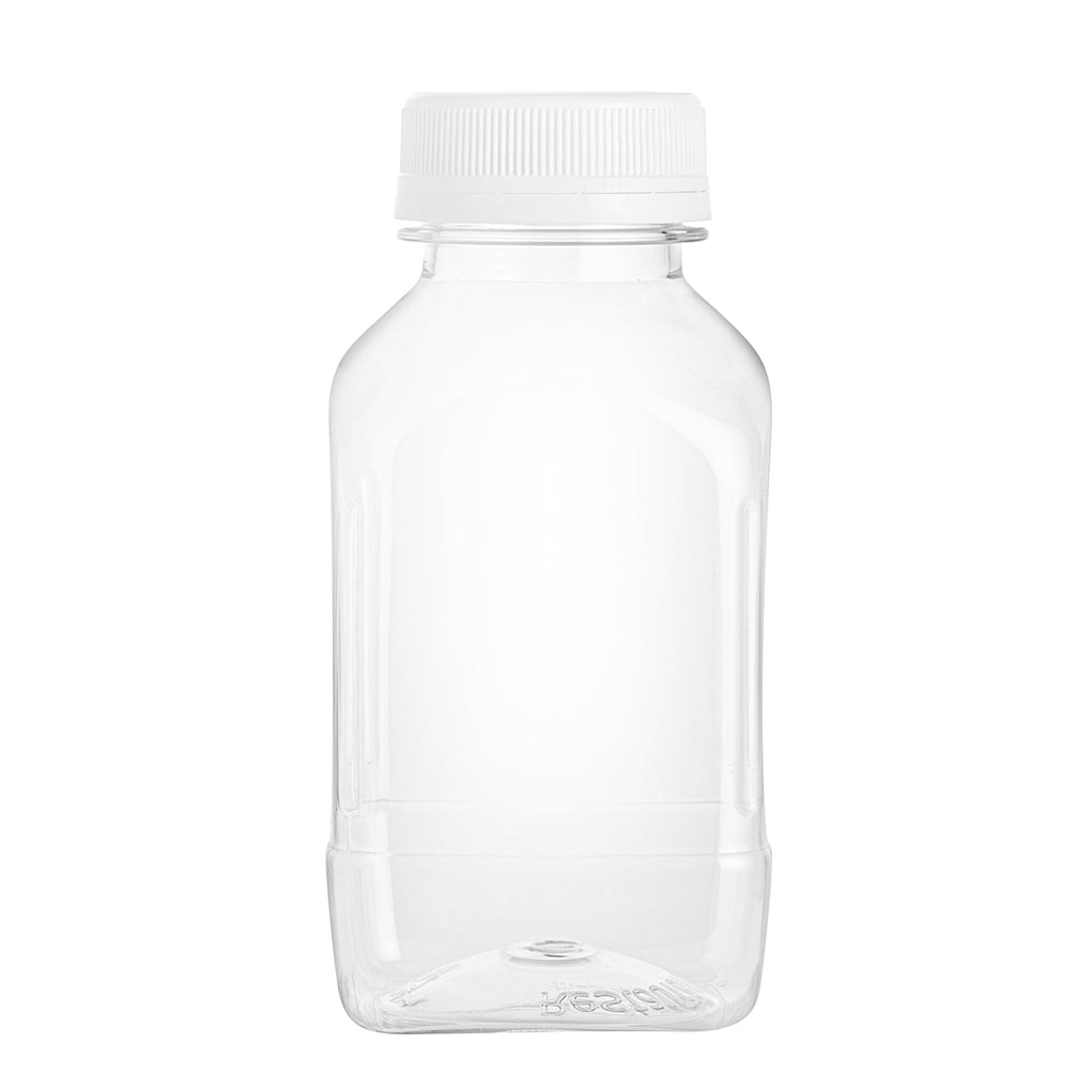 Bottle Tek 100 Square Clear 8 oz Plastic Juice Bottles with Safety Caps - Includes 100 Labels, 10 Funnels and 10 Cleaning Brushes