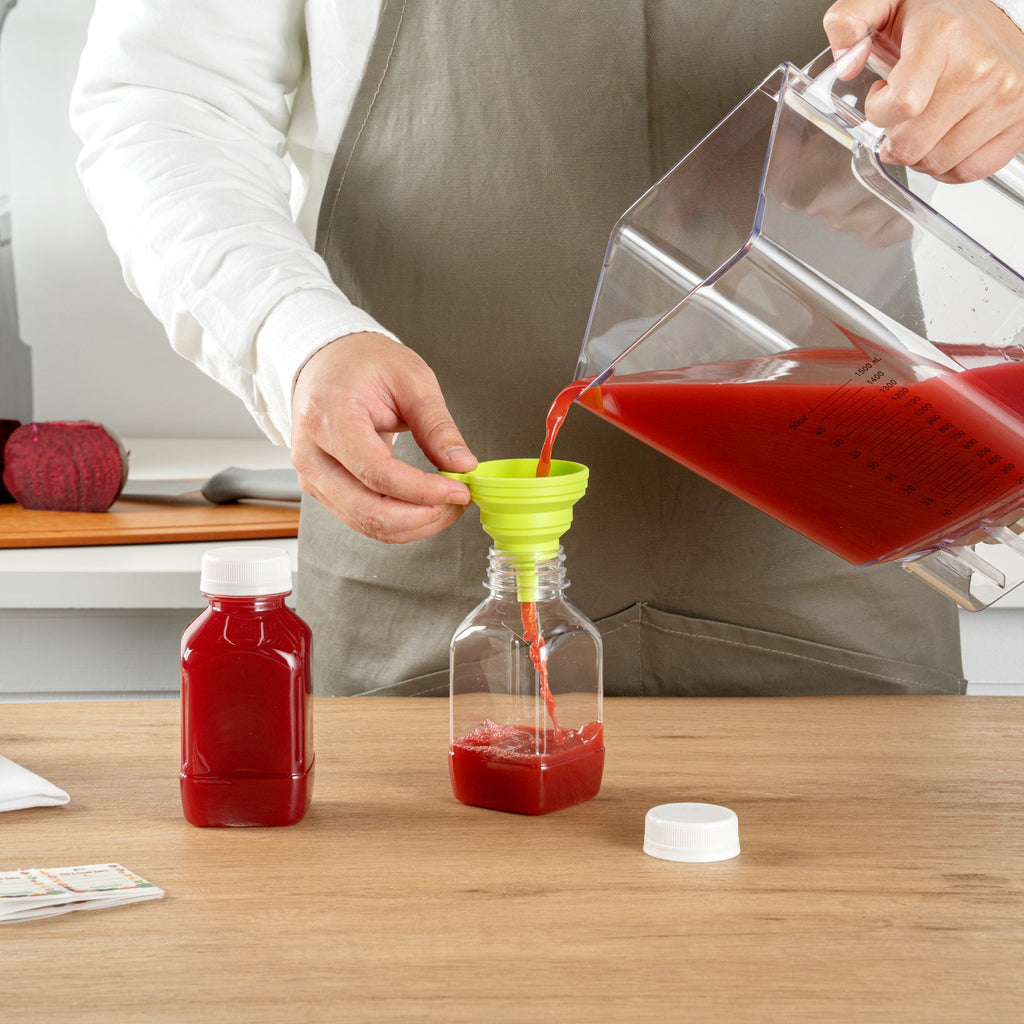 Bottle Tek 100 Square Clear 8 oz Plastic Juice Bottles with Safety Caps - Includes 100 Labels, 10 Funnels and 10 Cleaning Brushes