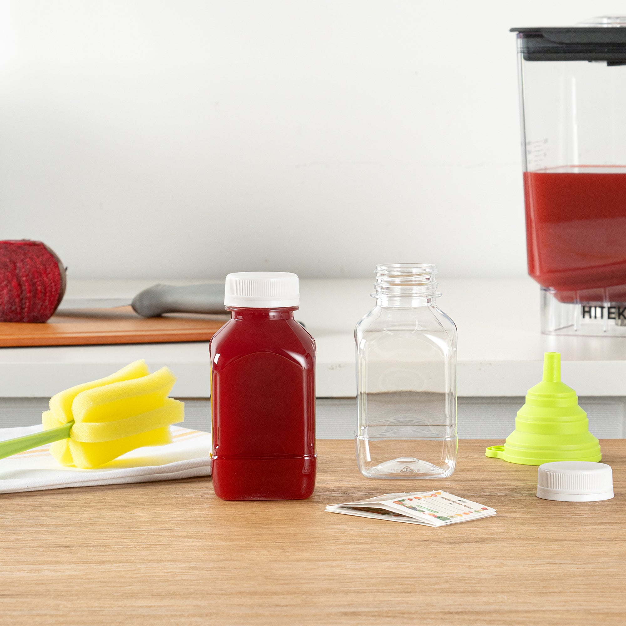 Bottle Tek 100 Square Clear 8 oz Plastic Juice Bottles with Safety Caps - Includes 100 Labels, 10 Funnels and 10 Cleaning Brushes