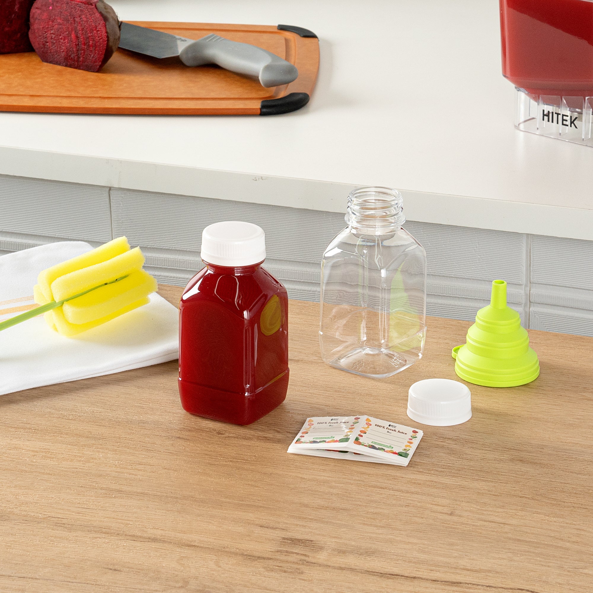 Bottle Tek 100 Square Clear 8 oz Plastic Juice Bottles with Safety Caps - Includes 100 Labels, 10 Funnels and 10 Cleaning Brushes