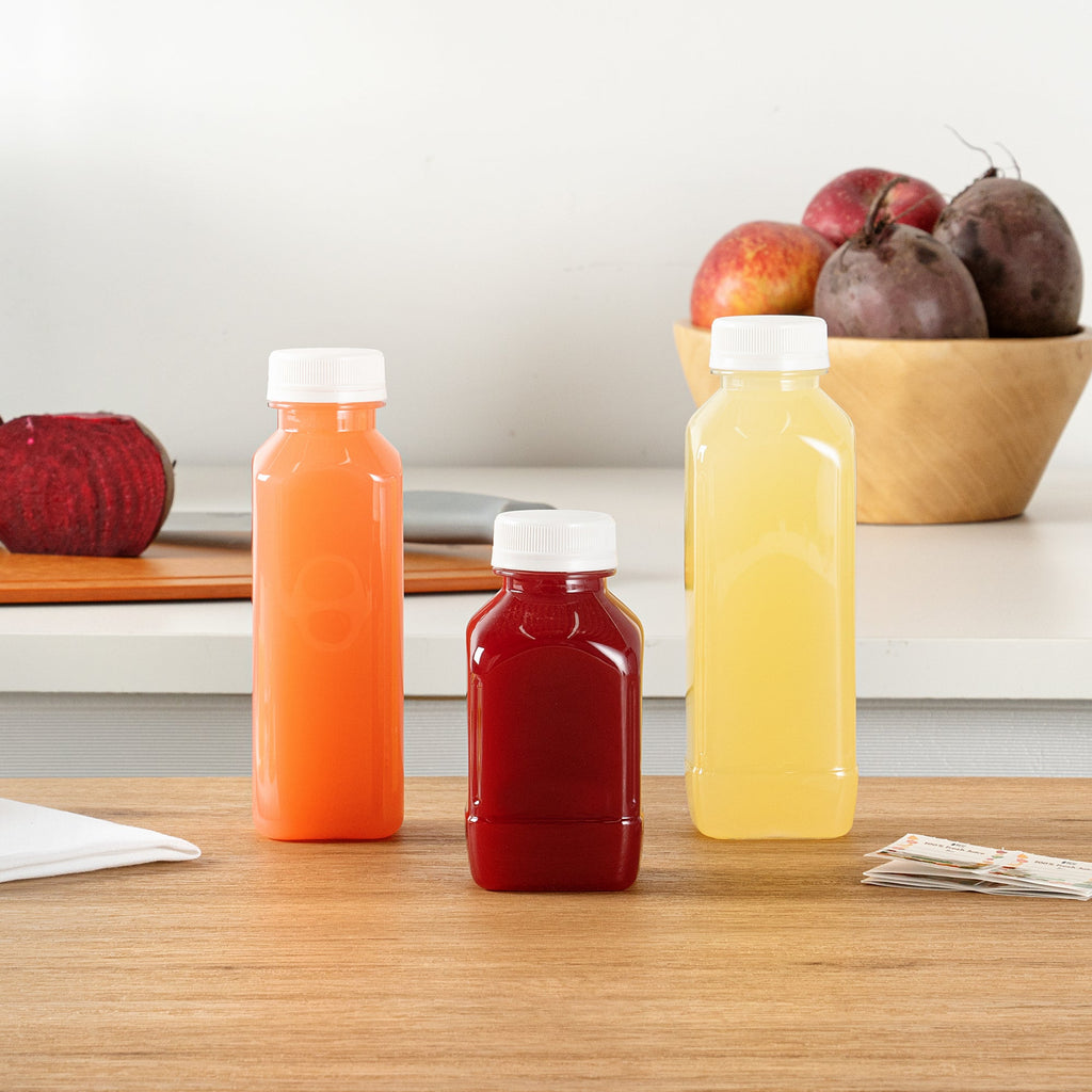 Bottle Tek 100 Square Clear 8 oz Plastic Juice Bottles with Safety Caps - Includes 100 Labels, 10 Funnels and 10 Cleaning Brushes