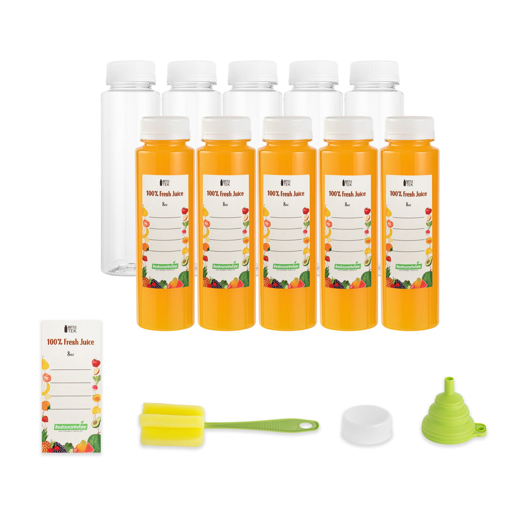 Bottle Tek 10 Round Clear 8 oz Plastic Juice Bottles with Safety Caps - Includes 10 Labels, 1 Funnel and 1 Cleaning Brush