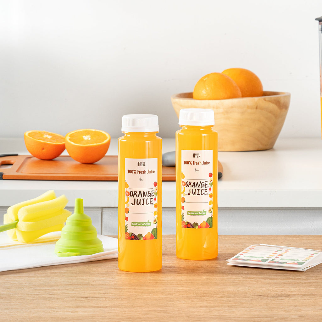 Bottle Tek 10 Round Clear 8 oz Plastic Juice Bottles with Safety Caps - Includes 10 Labels, 1 Funnel and 1 Cleaning Brush