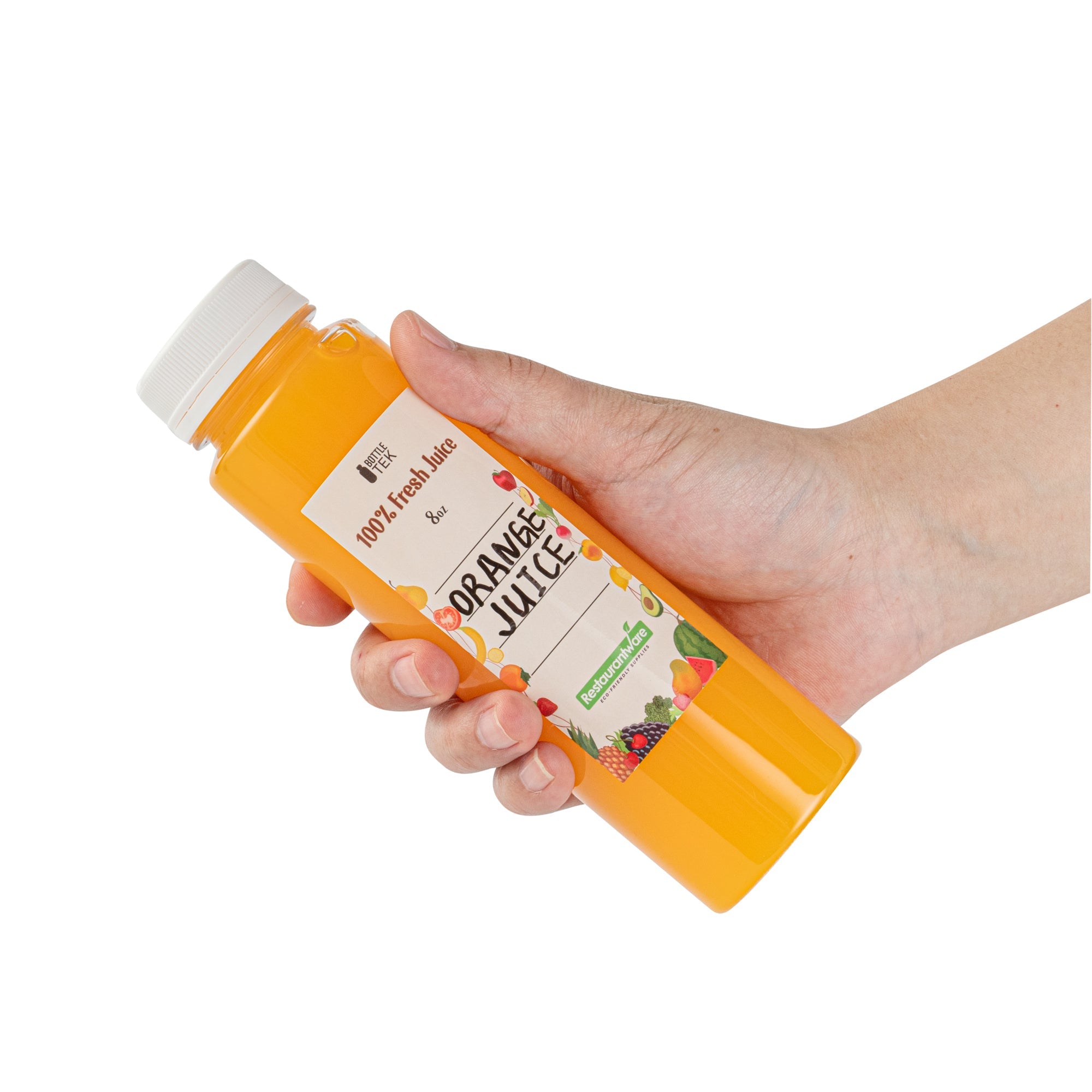 Bottle Tek 10 Round Clear 8 oz Plastic Juice Bottles with Safety Caps - Includes 10 Labels, 1 Funnel and 1 Cleaning Brush