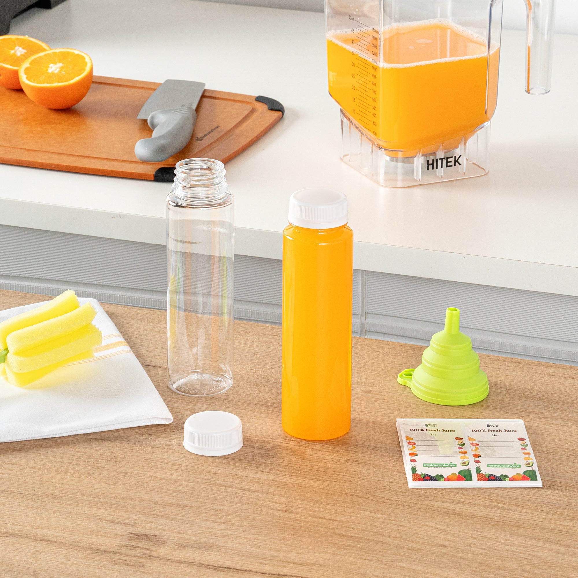 Bottle Tek 10 Round Clear 8 oz Plastic Juice Bottles with Safety Caps - Includes 10 Labels, 1 Funnel and 1 Cleaning Brush