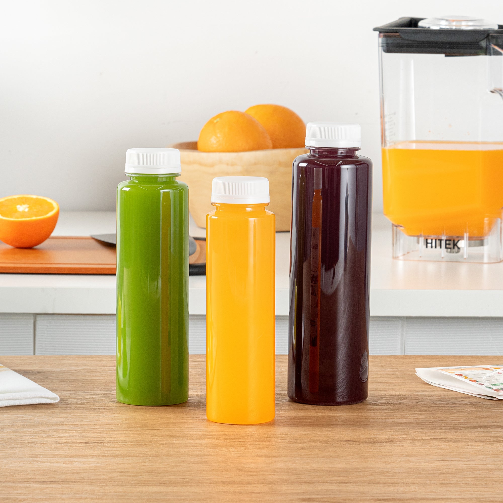 Bottle Tek 10 Round Clear 8 oz Plastic Juice Bottles with Safety Caps - Includes 10 Labels, 1 Funnel and 1 Cleaning Brush