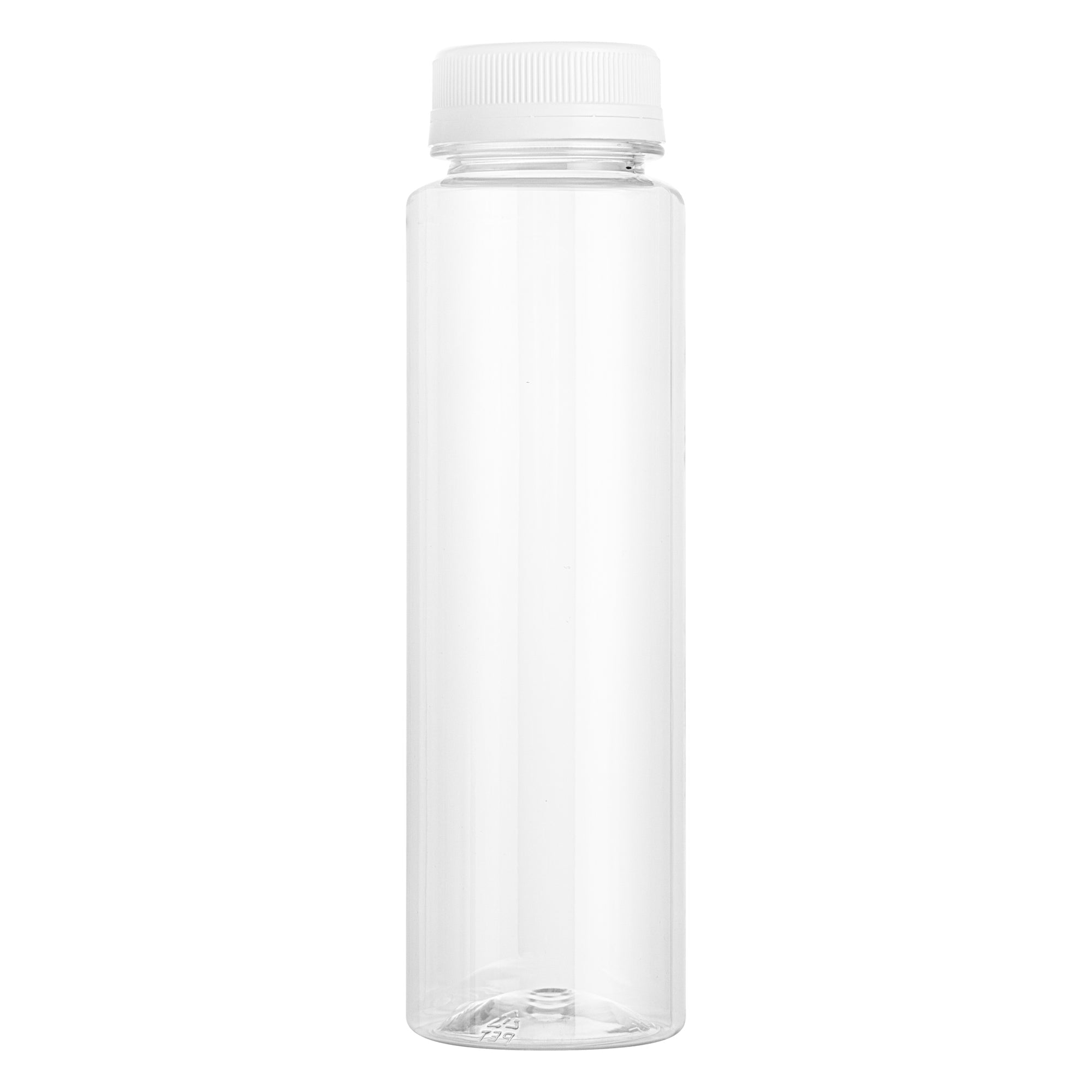 Bottle Tek 100 Round Clear 8 oz Plastic Juice Bottles with Safety Caps - Includes 100 Labels, 10 Funnels and 10 Cleaning Brushes