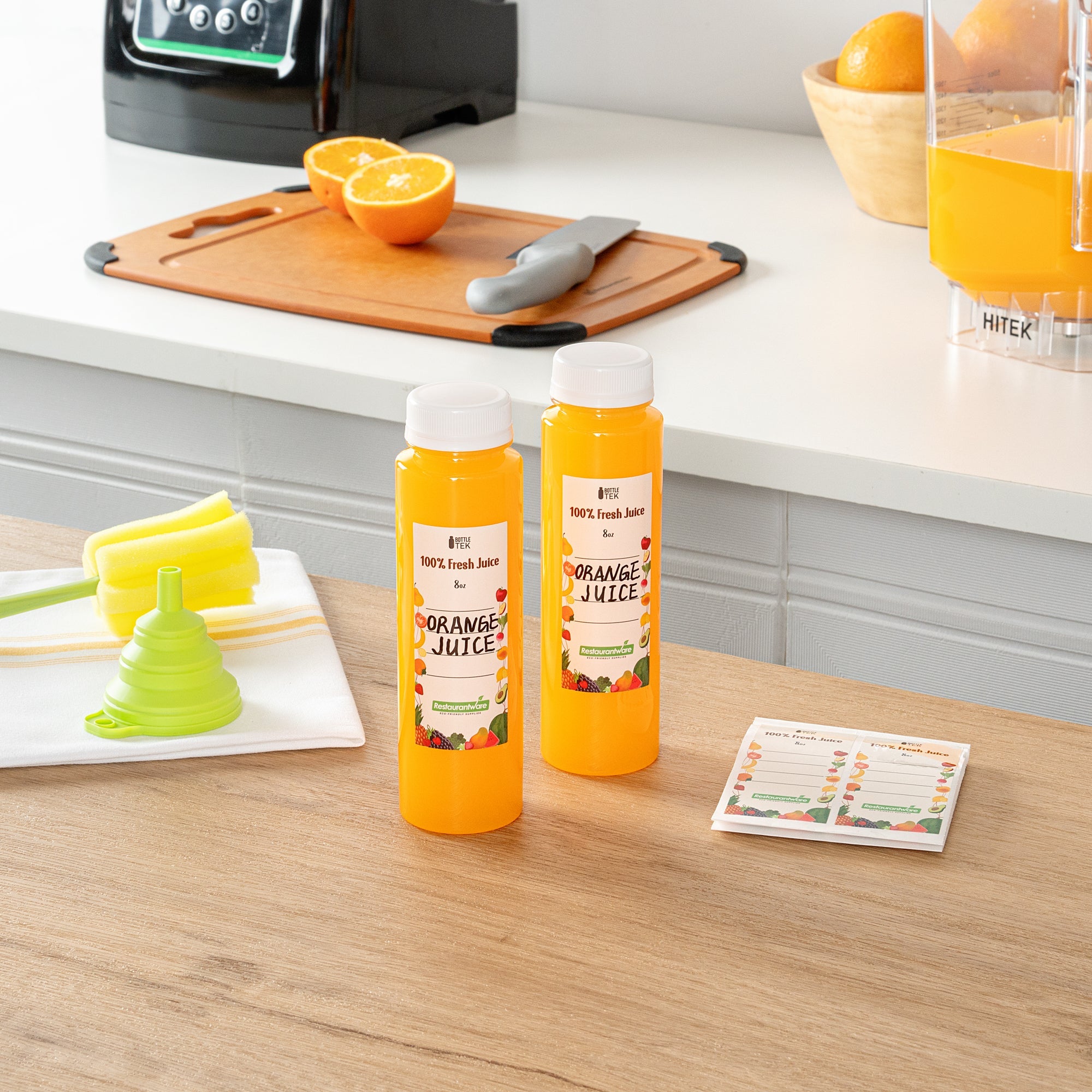 Bottle Tek 100 Round Clear 8 oz Plastic Juice Bottles with Safety Caps - Includes 100 Labels, 10 Funnels and 10 Cleaning Brushes