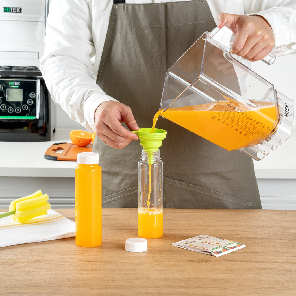 Bottle Tek 100 Round Clear 8 oz Plastic Juice Bottles with Safety Caps - Includes 100 Labels, 10 Funnels and 10 Cleaning Brushes