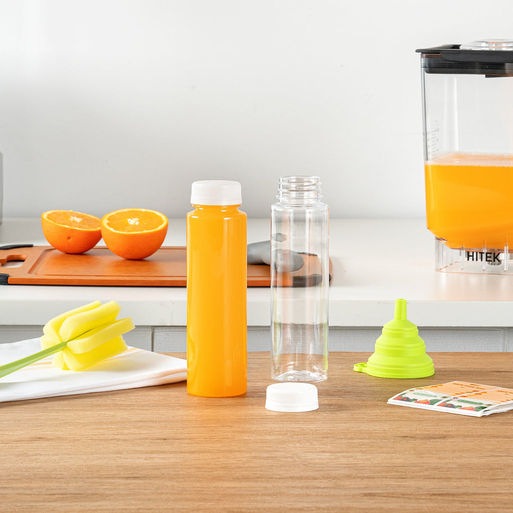 Bottle Tek 100 Round Clear 8 oz Plastic Juice Bottles with Safety Caps - Includes 100 Labels, 10 Funnels and 10 Cleaning Brushes