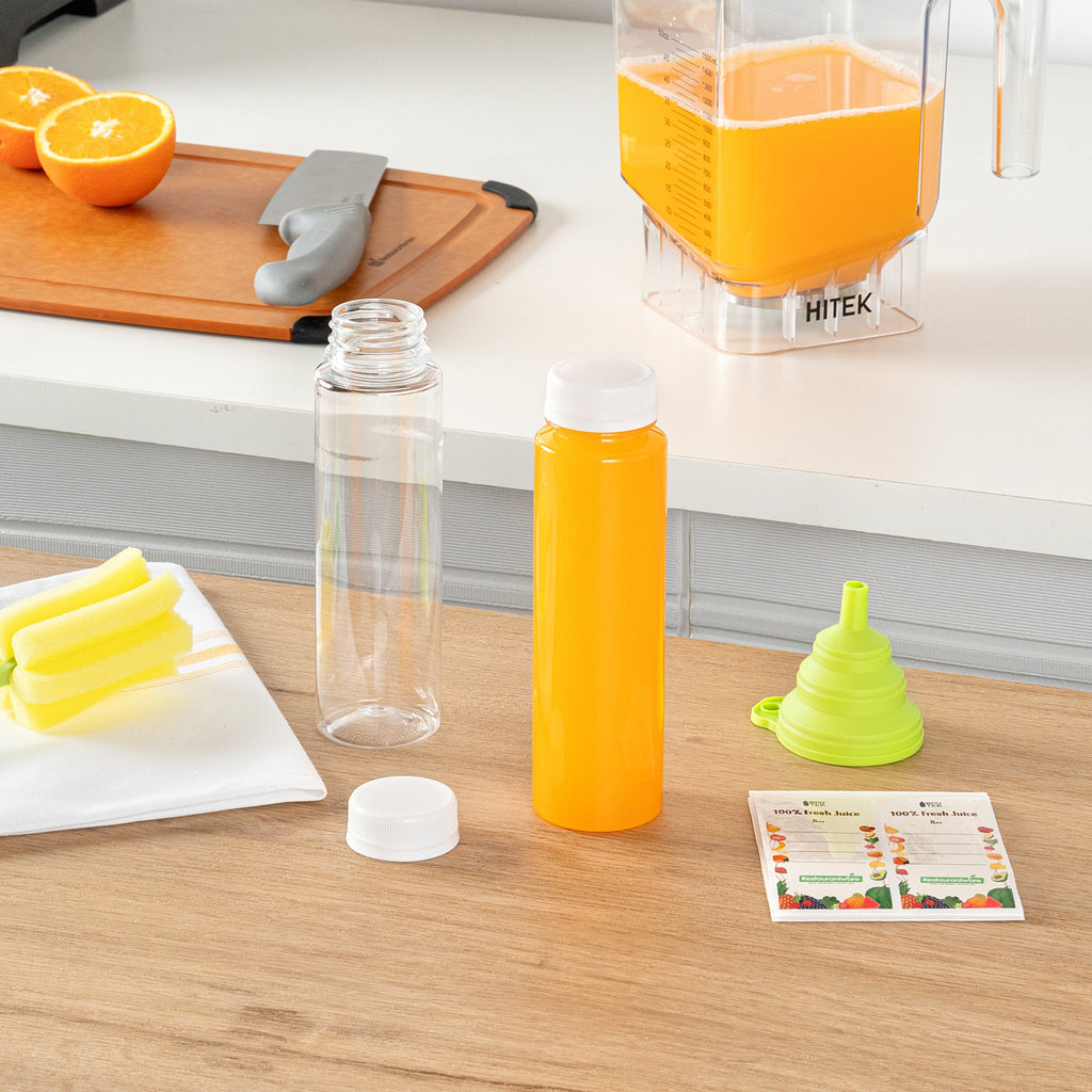 Bottle Tek 100 Round Clear 8 oz Plastic Juice Bottles with Safety Caps - Includes 100 Labels, 10 Funnels and 10 Cleaning Brushes