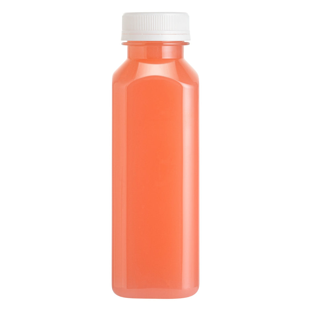 Bottle Tek 10 Square Clear 12 oz Plastic Juice Bottles with Safety Caps - Includes 10 Labels, 1 Funnel and 1 Cleaning Brush