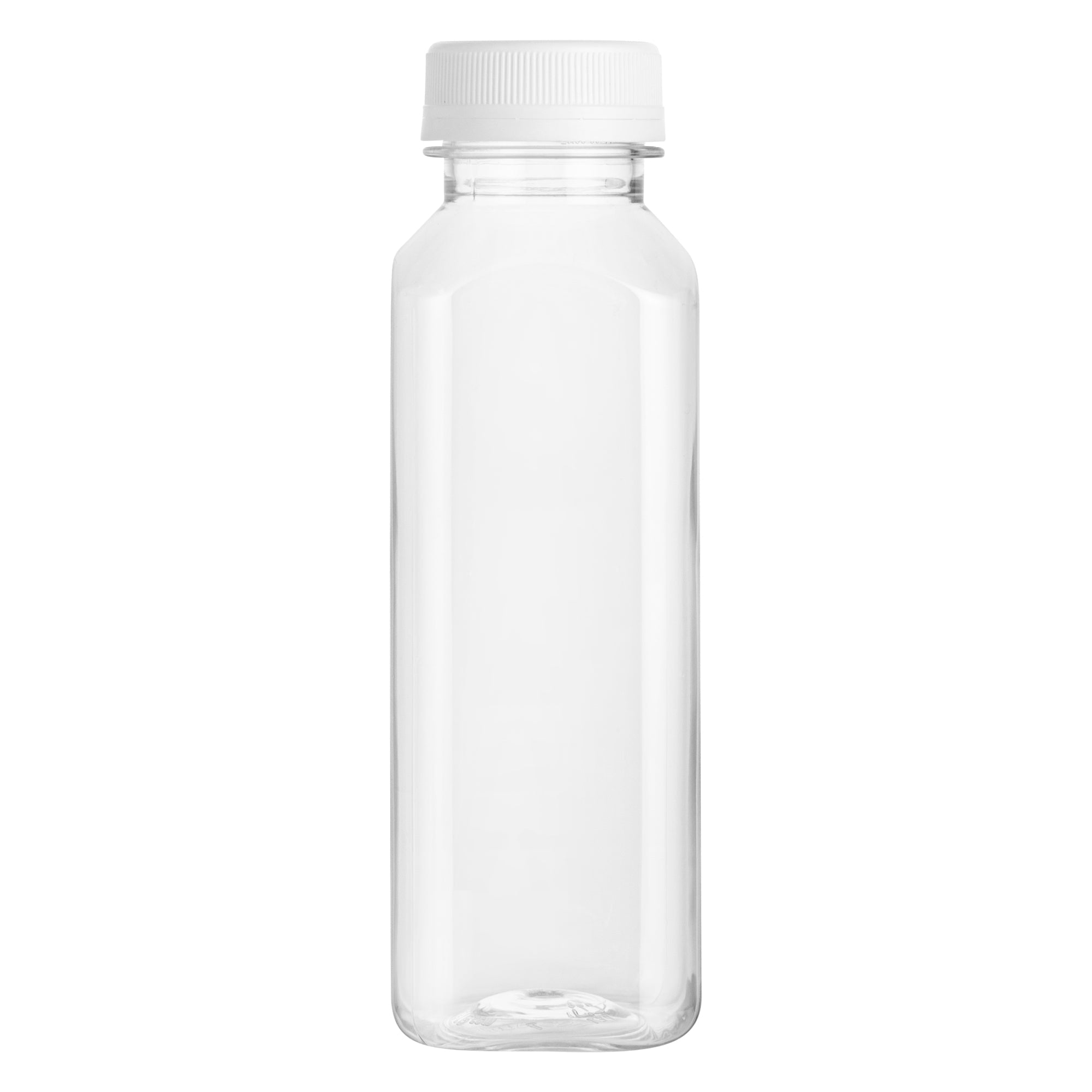 Bottle Tek 10 Square Clear 12 oz Plastic Juice Bottles with Safety Caps - Includes 10 Labels, 1 Funnel and 1 Cleaning Brush