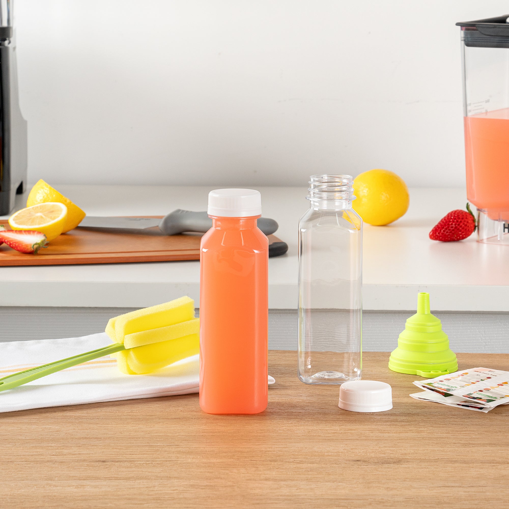 Bottle Tek 10 Square Clear 12 oz Plastic Juice Bottles with Safety Caps - Includes 10 Labels, 1 Funnel and 1 Cleaning Brush