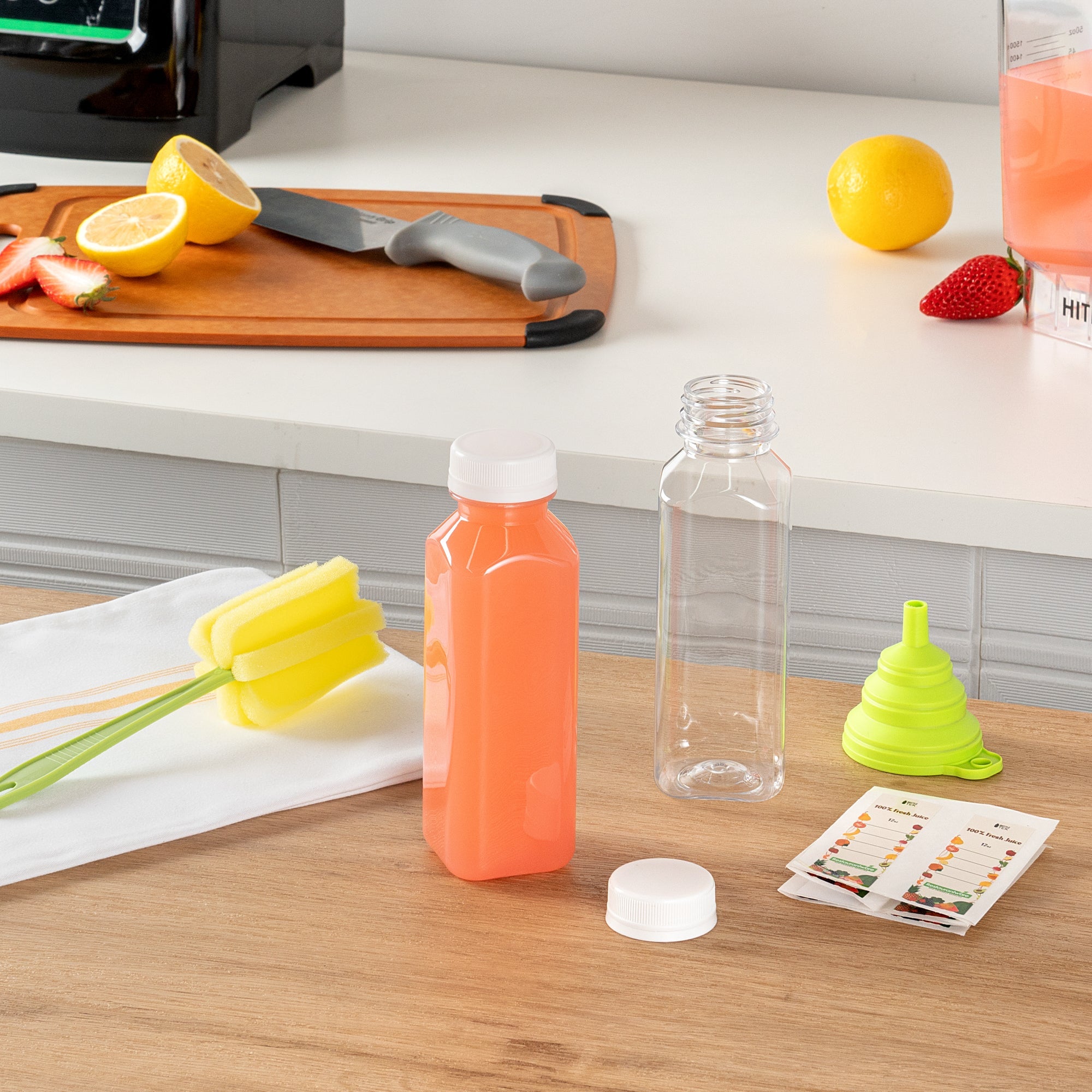 Bottle Tek 10 Square Clear 12 oz Plastic Juice Bottles with Safety Caps - Includes 10 Labels, 1 Funnel and 1 Cleaning Brush