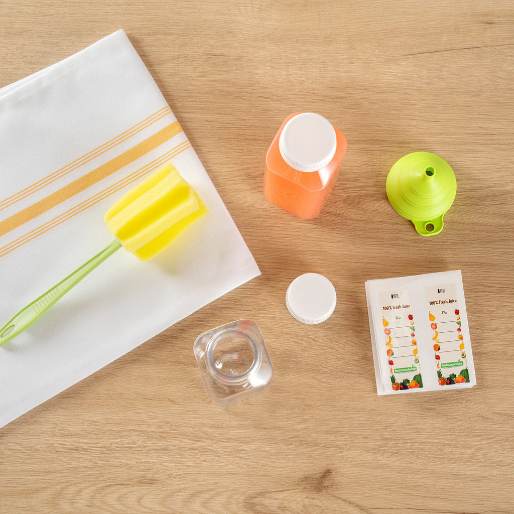Bottle Tek 10 Square Clear 12 oz Plastic Juice Bottles with Safety Caps - Includes 10 Labels, 1 Funnel and 1 Cleaning Brush