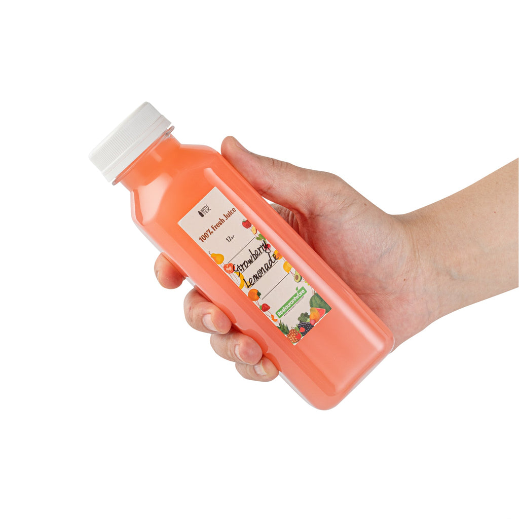 Bottle Tek 100 Square Clear 12 oz Plastic Juice Bottles with Safety Caps - Includes 100 Labels, 10 Funnels and 10 Cleaning Brushes
