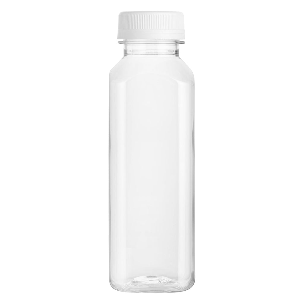 Bottle Tek 100 Square Clear 12 oz Plastic Juice Bottles with Safety Caps - Includes 100 Labels, 10 Funnels and 10 Cleaning Brushes