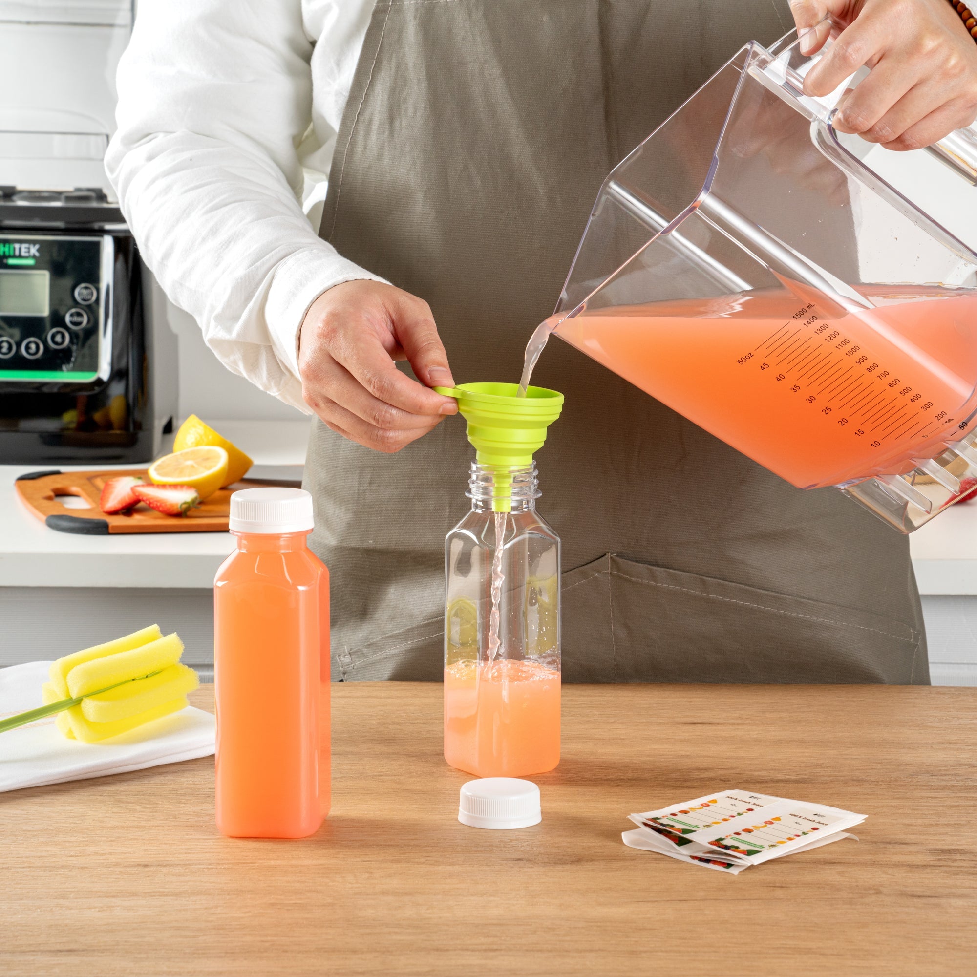 Bottle Tek 100 Square Clear 12 oz Plastic Juice Bottles with Safety Caps - Includes 100 Labels, 10 Funnels and 10 Cleaning Brushes