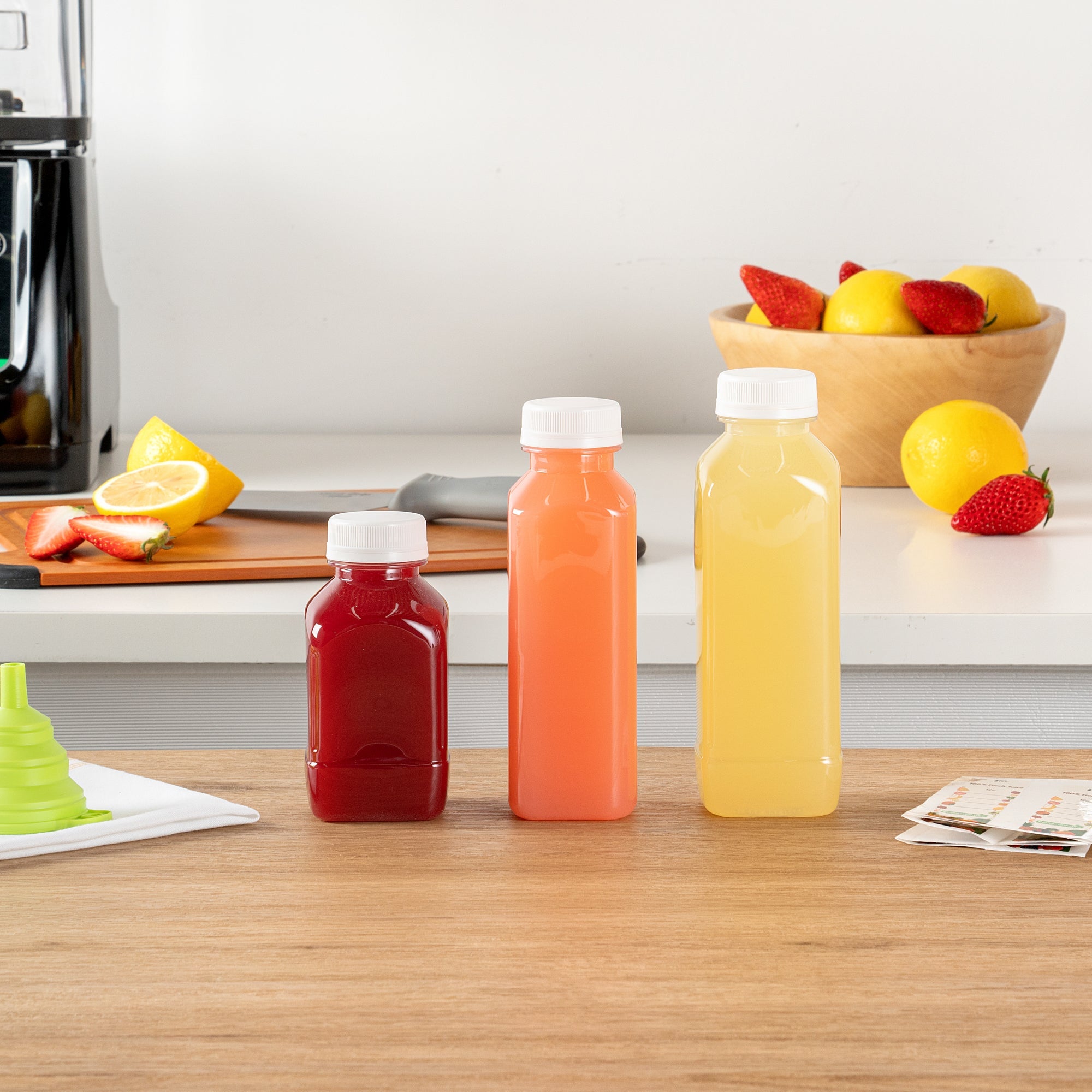 Bottle Tek 100 Square Clear 12 oz Plastic Juice Bottles with Safety Caps - Includes 100 Labels, 10 Funnels and 10 Cleaning Brushes