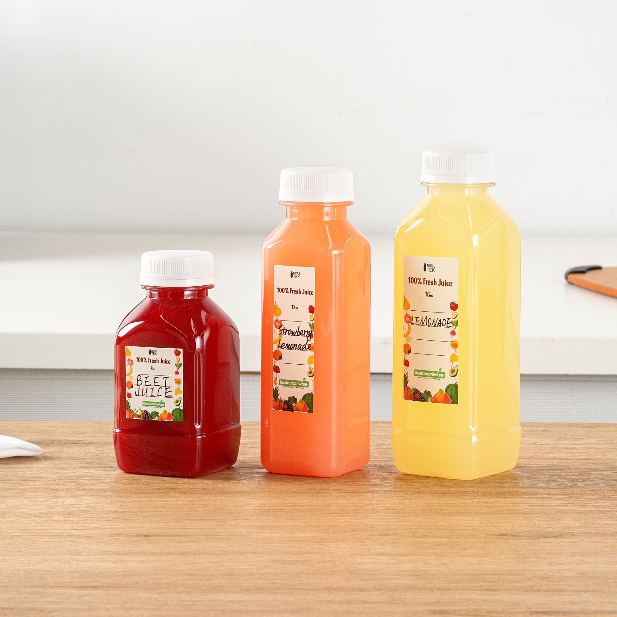 Bottle Tek 100 Square Clear 12 oz Plastic Juice Bottles with Safety Caps - Includes 100 Labels, 10 Funnels and 10 Cleaning Brushes