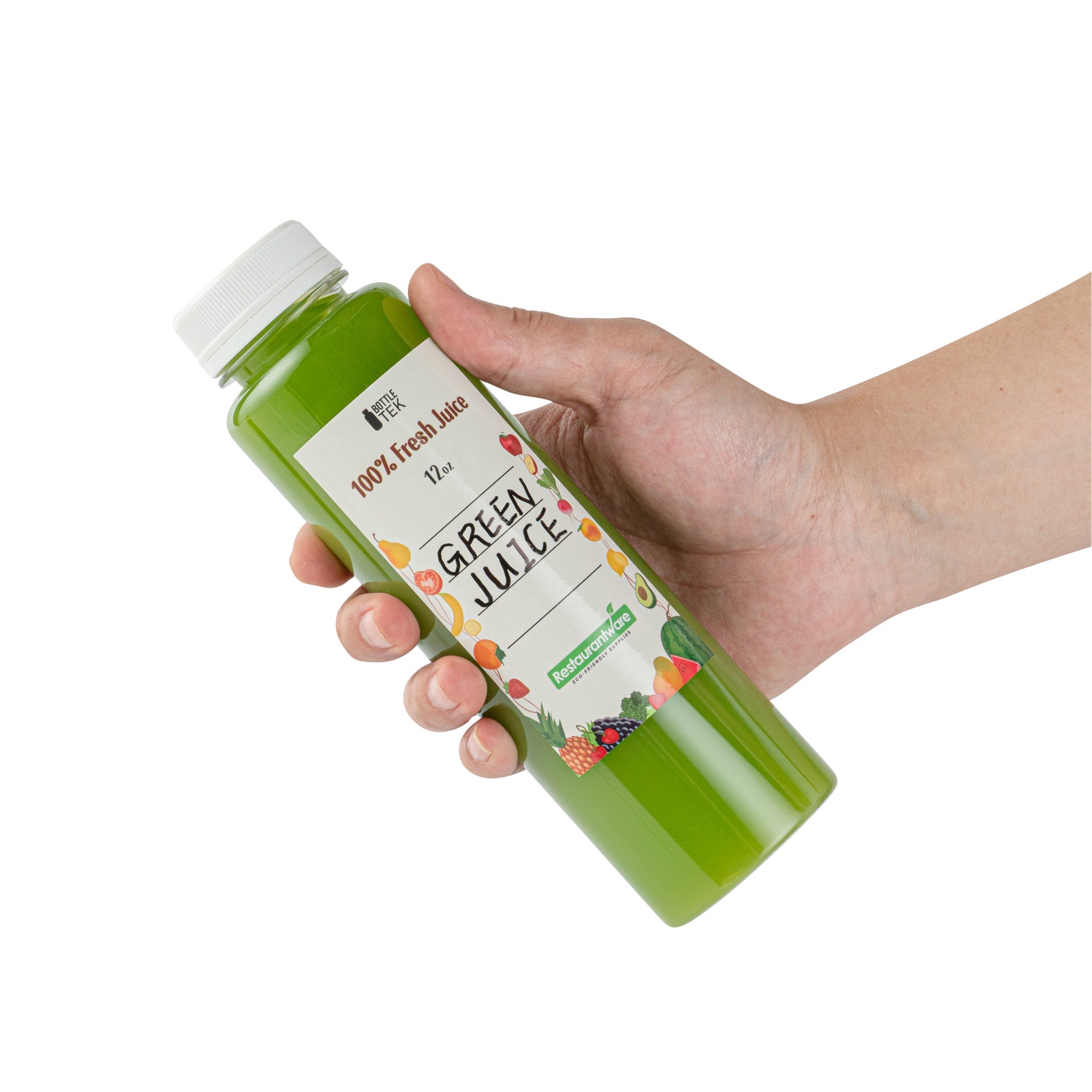 Bottle Tek 10 Round Clear 12 oz Plastic Juice Bottles with Safety Caps - Includes 10 Labels, 1 Funnel and 1 Cleaning Brush