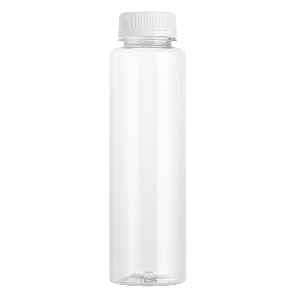 Bottle Tek 10 Round Clear 12 oz Plastic Juice Bottles with Safety Caps - Includes 10 Labels, 1 Funnel and 1 Cleaning Brush