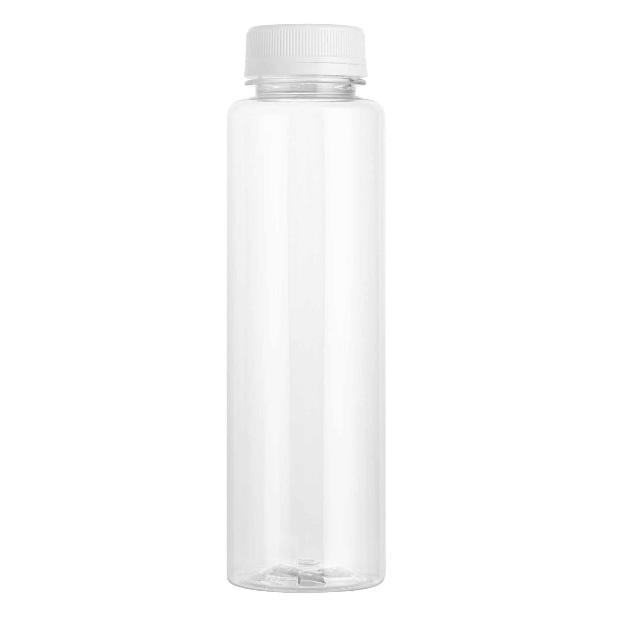 Bottle Tek 10 Round Clear 12 oz Plastic Juice Bottles with Safety Caps - Includes 10 Labels, 1 Funnel and 1 Cleaning Brush