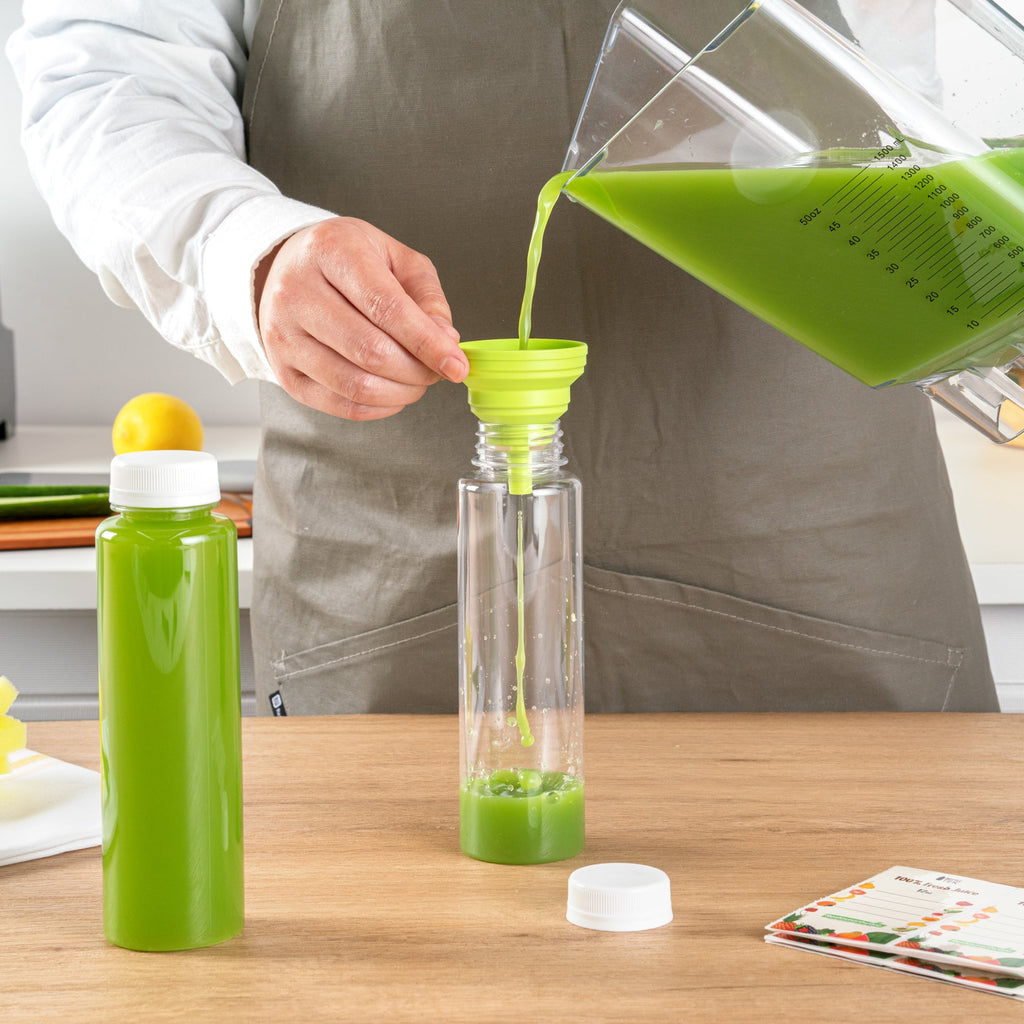 Bottle Tek 10 Round Clear 12 oz Plastic Juice Bottles with Safety Caps - Includes 10 Labels, 1 Funnel and 1 Cleaning Brush